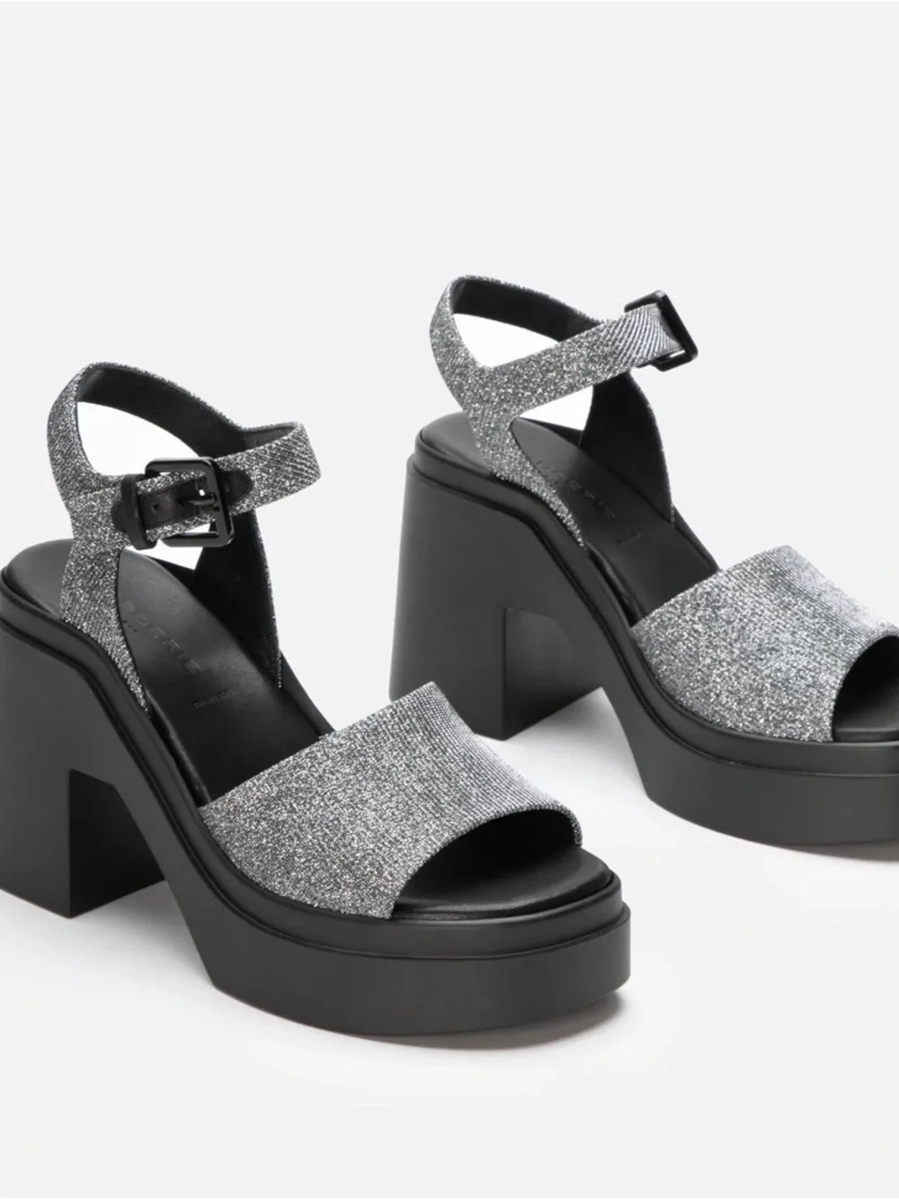 Robert Clergerie Silver Glitter Platform Sandals with Black Chunky Heel